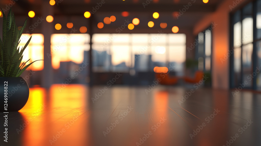 Poster a softly blurred depiction of a vast open office space, with abstract light bokeh effects in the bac