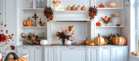 Fall-themed decorations in a white kitchen with pumpkins and floral arrangements under natural light.