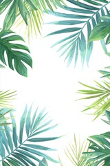 Obraz premium Tropical Palm Leaves Background Vector Illustration with White Space for Text, Green and Blue Color Palette on White Background