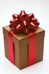 Obraz premium Brown gift box with a red ribbon and festive decoration, indicating a holiday or special occasion.