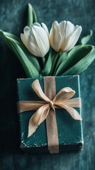A close-up of a teal box with gold ribbon and white tulips.