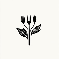 Food art with forks, spoons and leaf on white background, possible cuisine design