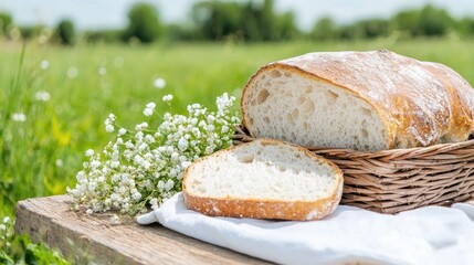 Rustic sourdough bread loaf in basket, field background