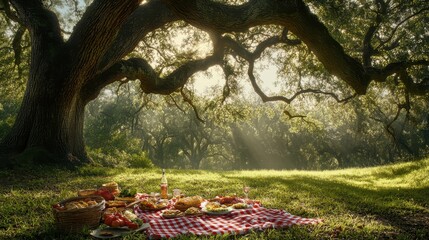 Cozy Picnic Scene Under Shady Oak Tree