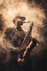 Man in fedora playing saxophone amidst foggy atmosphere