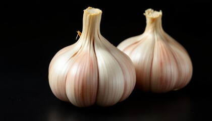 Obraz premium Close-up portrait of two garlic bulbs on a stark black backdrop
