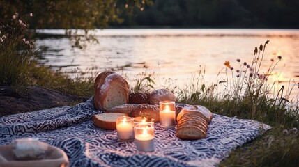 Romantic Lakeside Picnic with Soft Candles and Bread