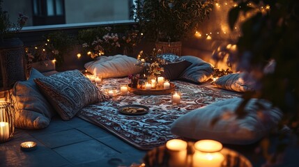 Cozy Rooftop Picnic with Boho Decor and Soft Lighting