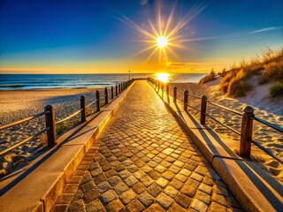 Sunlit Cobblestone Walkway Leading to Sandy Beach, Coastal Path, Summer Vacation