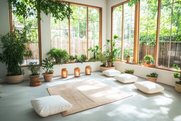 Create a tranquil meditation space with plants and candles in a sunlit room for peaceful reflection