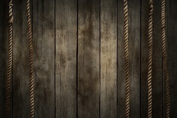 On a marine wood texture background, the side of an old wooden boat with ship rope, offering space for copy