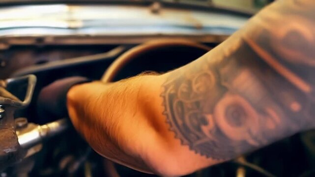 Skilled mechanic with detailed engine tattoo carefully repairing steering mechanism of vintage automobile inside professional auto repair workshop