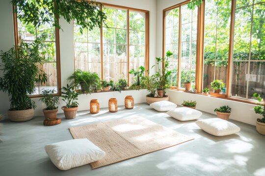 Create a tranquil meditation space with plants and candles in a sunlit room for peaceful reflection