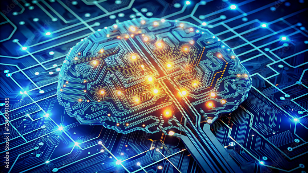 Poster artificial intelligence a brain shaped like a circuit board.