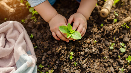 Child's hands nurturing a small tree in the garden, Children's Day