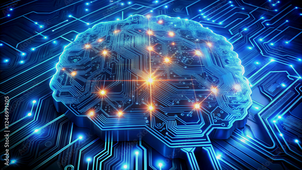 Poster artificial intelligence a brain shaped like a circuit board.