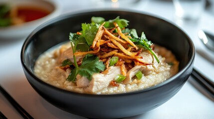 A serving of Vietnamese (chicken porridge) with fried shallots and herbs on white.