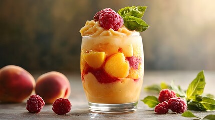 Frozen Peach Melba Drink. Frosty peach and raspberry drink in stylish glass garnished with fresh fruit and basil leaves. Combination of sweetness and freshness for summer indulgence
