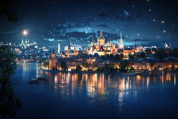 Naklejka premium Illuminating cultural heritage historical landmarks at night community event artistic photography urban environment aerial view symbolism of heritage