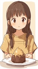Young girl with brown hair looks at a chocolate cake with caramel in a cute style