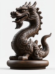 Obraz premium Elegant Wood Carved Dragon Sculpture - A beautifully crafted wooden dragon sculpture showcasing intricate details and a majestic design, perfect for home decor or artistic display.