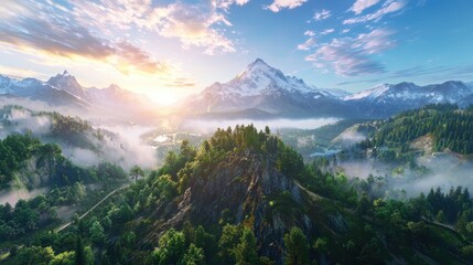 Awakening journey sunrise misty mountain landscape nature scene serene environment inviting viewpoint spiritual concept