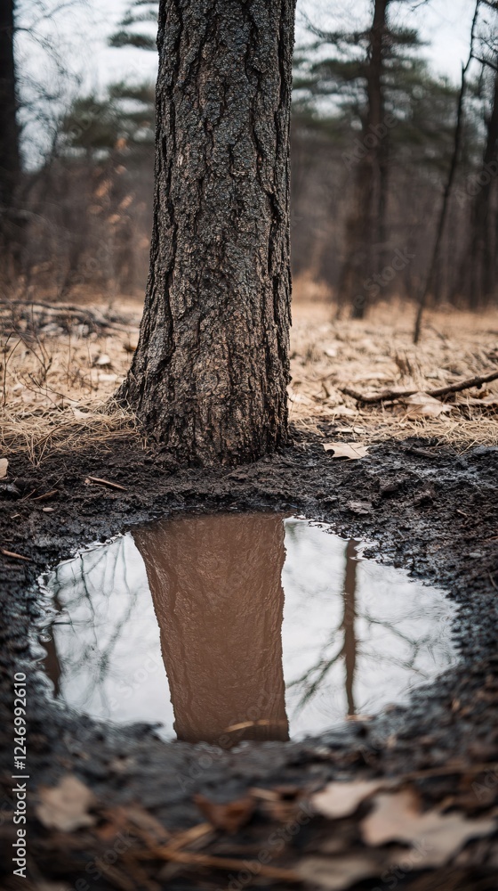 Poster tree trunk reflection in puddle on muddy forest floor with blurred background in winter