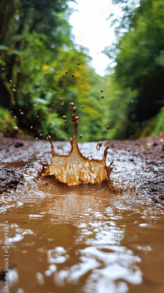 Poster muddy splash in forest path with trees and light creating a dynamic and natural scene