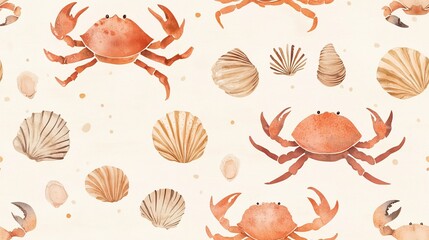 seamless pattern with crabs and shells, hand drawn