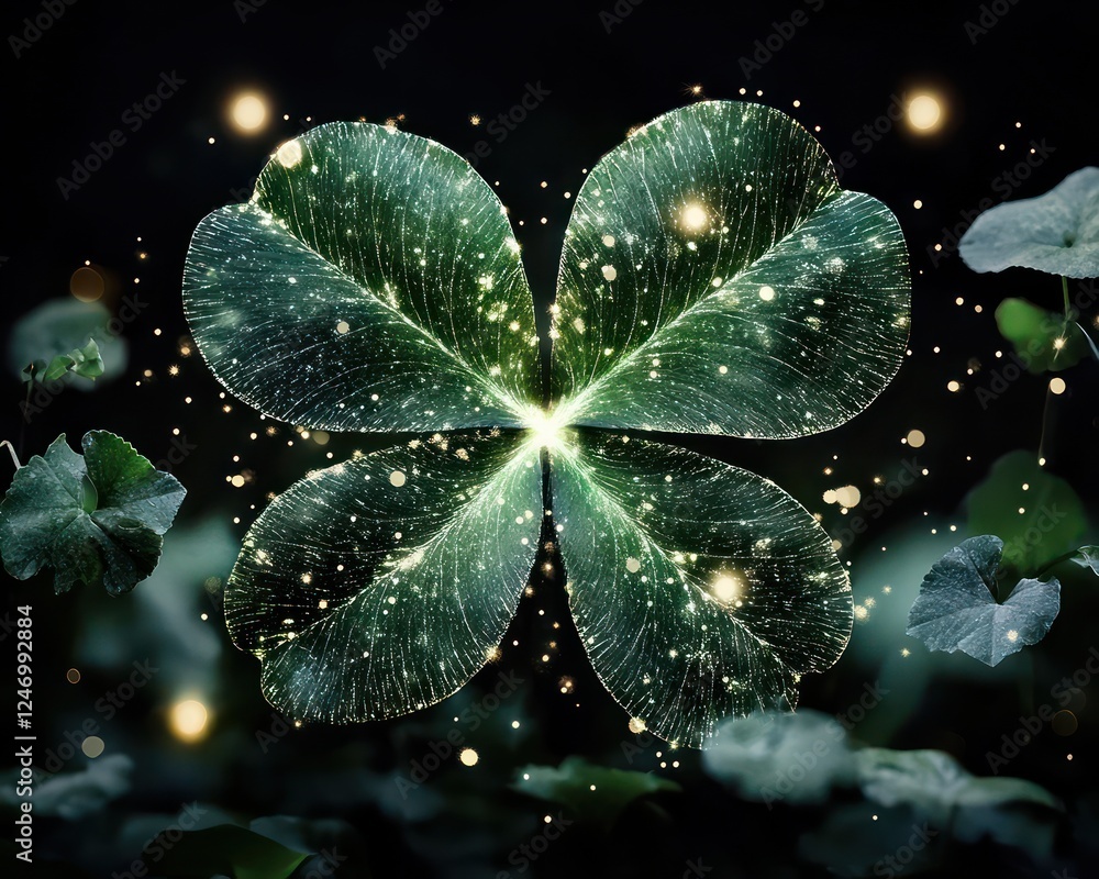 Poster a beautiful shamrock clover shines brightly against a dark backdrop, surrounded by shimmering partic
