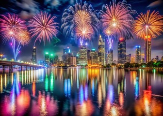Surreal Brisbane Riverfire Fireworks 2019, Cityscape Reflection
