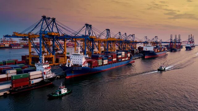 Bustling container port at sunset. Cargo ships and cranes in industrial harbor. Global trade and shipping logistics. Maritime commerce and transportation. Seaport operations