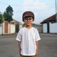 Fototapeta premium Child in casual wear, standing outdoors, residential area. Possible use Stock photo for children's fashion, lifestyle, or community imagery