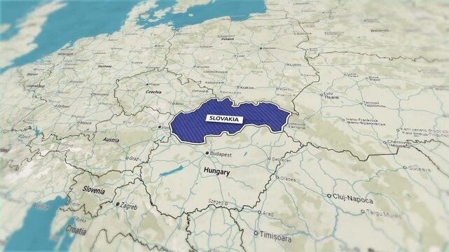 Borders of the state of Slovakia on the map. Country Slovakia on the map is highlighted by a polygonal border. From above zooming in with panoramic view