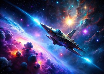 Obraz premium Surreal Cosmic Flight: A Starship Soars Through Dark Nebulae