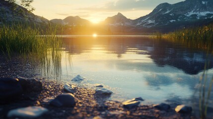 Sunrise on the lake shore with crystal-clear water and reflected mountains in the background. 
