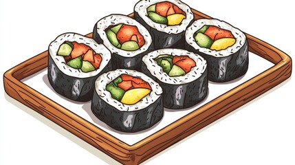 A tray of Korean gimbap rolls filled with vegetables, egg, and rice, arranged on white.