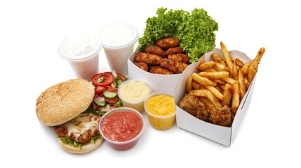 Delicious Fast Food Spread with Chicken, Fries, and Fresh Salad