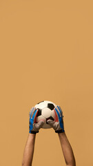 Both hands in blue goalkeeper gloves gripping soccer ball, highlighting teamwork and protection in...