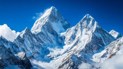 Tall snow-covered mountains under a clear blue sky, with detailed rock and snow textures