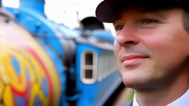 Train driver standing confidently beside vibrant blue locomotive, expressing professional pride and passion for railway transportation with warm, engaging smile