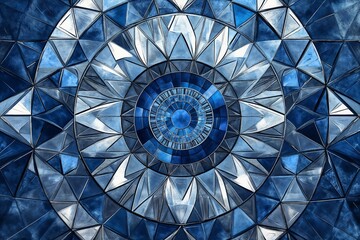 Naklejka premium Intricate mandala design with geometric shapes in shades of blue and silver