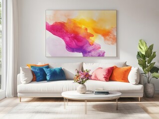 Cheerful and Happy Living Room with Colorful Abstract Art Wall Hanging