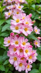 Cascade of delicate pink blossoms with bright golden centers close-up