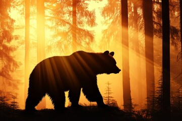Majestic Bear Silhouette Amidst Sunlit Forest - A stunning silhouette of a bear against a glowing background, symbolizing strength, nature, tranquility, wilderness, and beauty in wildlife.