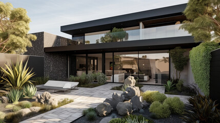 Contemporary urban home with sharp architectural lines, black and white contrast siding, and a rooftop terrace. 