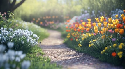 Vibrant spring flowers along a winding garden path