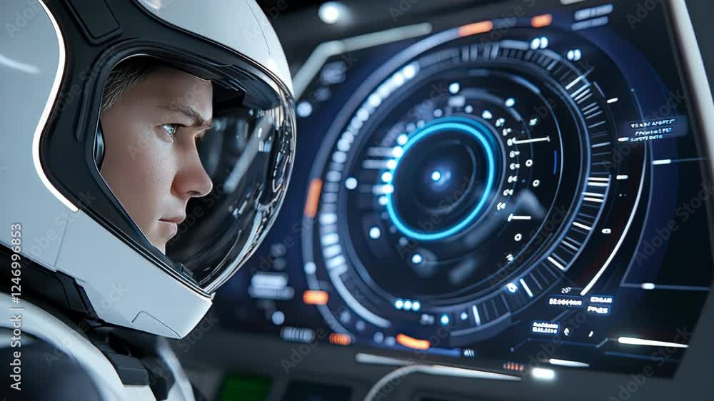 Poster an astronaut studies complex data on a high-tech console, showcasing the precision needed in modern 