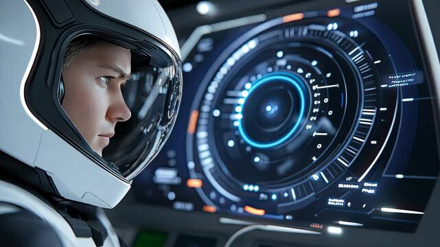 An astronaut studies complex data on a high-tech console, showcasing the precision needed in modern space exploration