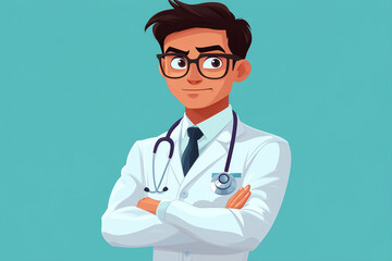 Confident cartoon doctor with glasses and stethoscope, arms crossed  .